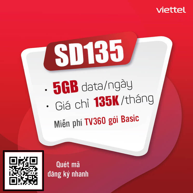 Đăng ký gói cước SD135 Viettel có 5GB 1 ngày giá 135k 1 tháng