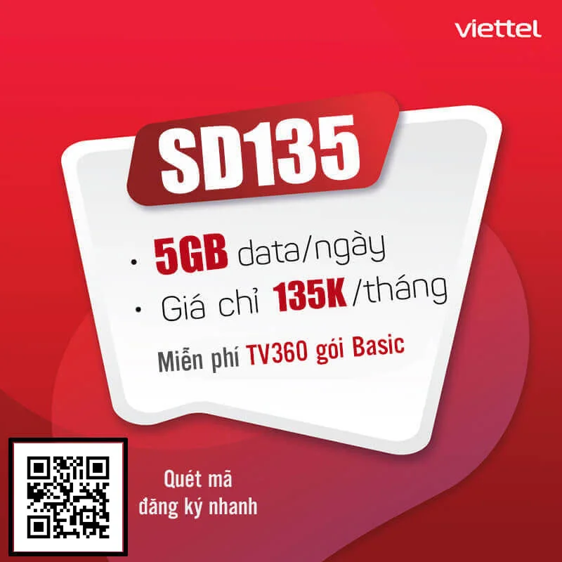 Đăng ký gói cước SD135 Viettel có 5GB 1 ngày giá 135k 1 tháng