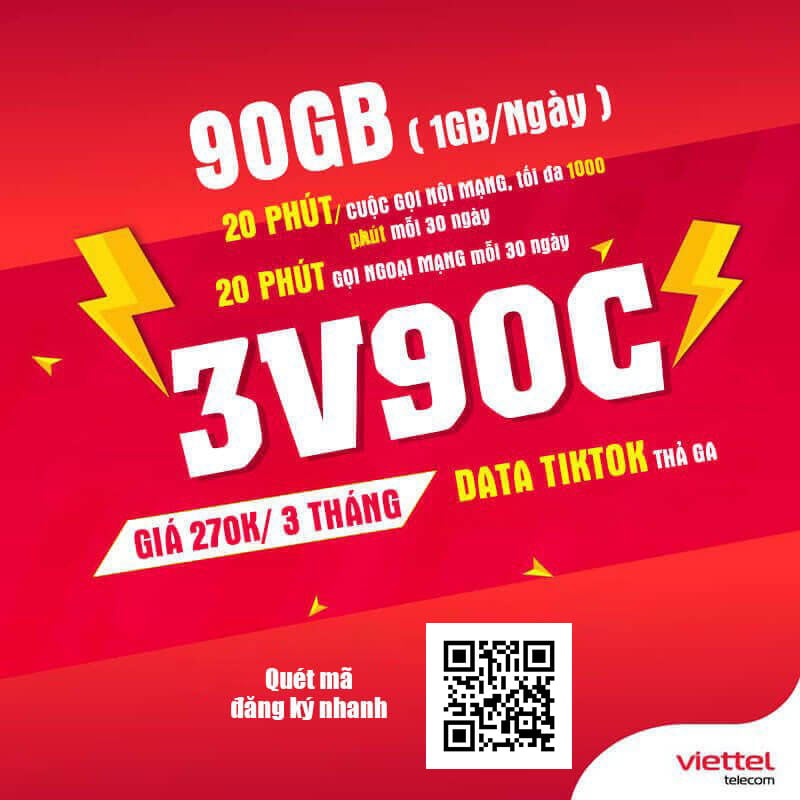 Đăng Ký Gói 3V90C Viettel KM 1GB/Ngày & Gọi Nội Mạng Giá 270.000đ