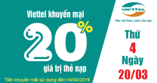 Khuyến mãi Viettel tặng 20% giá trị thẻ nạp ngày 20/03/2019