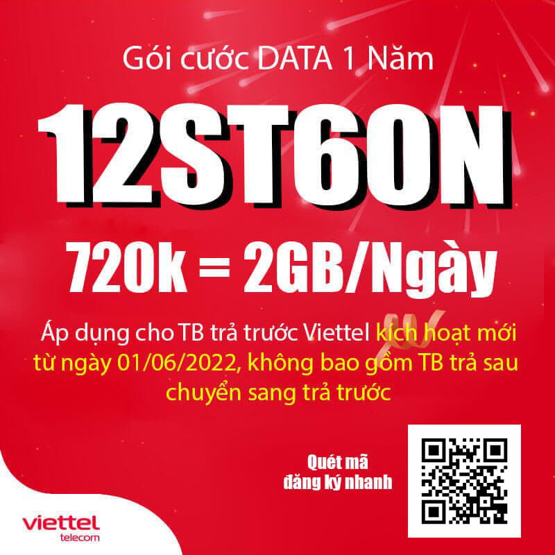 Đăng ký gói cước 12ST60N Viettel ( ST60N 1 Năm ) có 2GB 1 ngày