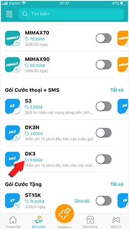 Bấm chọn gói DK3 Viettel