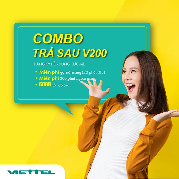 Gói combo trả sau V200 Viettel ưu đãi 60GB & Gọi nội mạng dưới 20 phút miễn phí