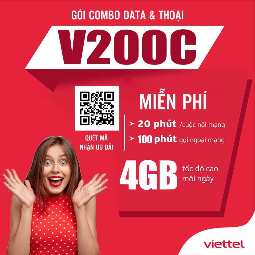 Đăng Ký Gói V200C Viettel Miễn Phí 120GB & Gọi Nội Mạng Dưới 20p