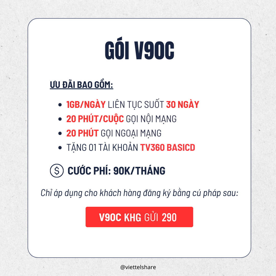 Đăng ký gói V90C Viettel miễn phí 30GB giá chỉ 90.000đ