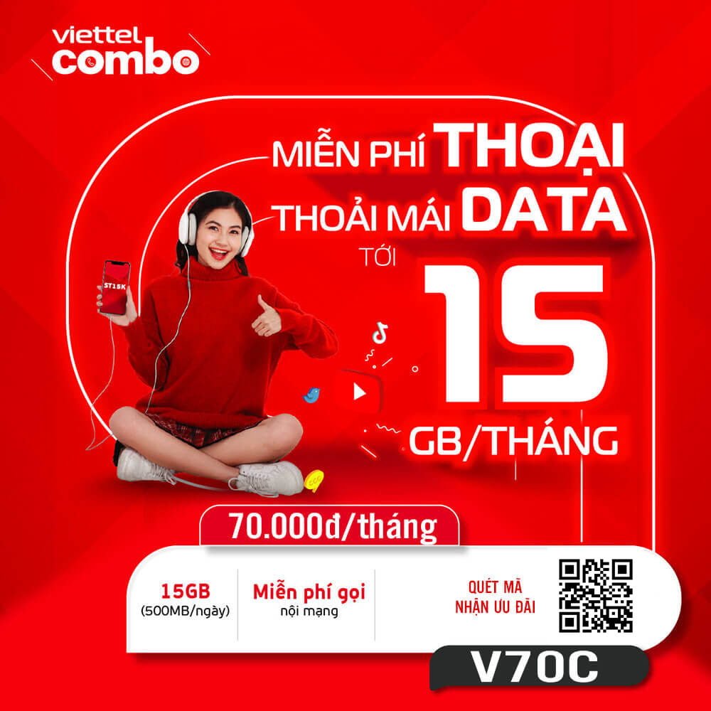 Đăng Ký Gói V70C Viettel Miễn Phí 15GB & Gọi Nội Mạng Giá 70k 1 Tháng