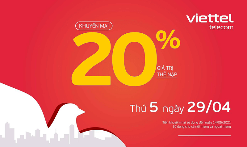 HOT: Viettel tặng 20% giá trị thẻ nạp ngày 29/04/2021