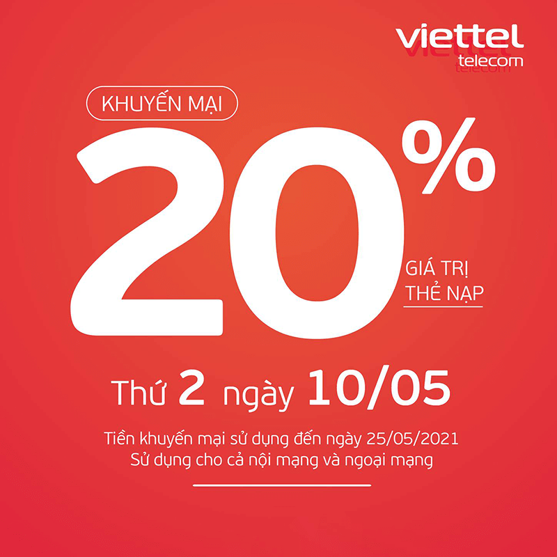HOT: Viettel tặng 20% giá trị thẻ nạp ngày 10/05/2021