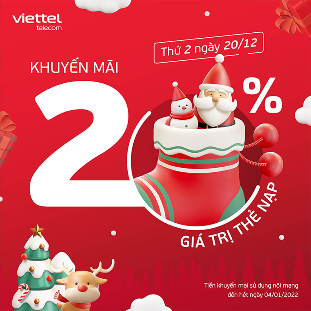 HOT: Viettel khuyến mãi tặng 20% giá trị thẻ nạp ngày 20/12/2021