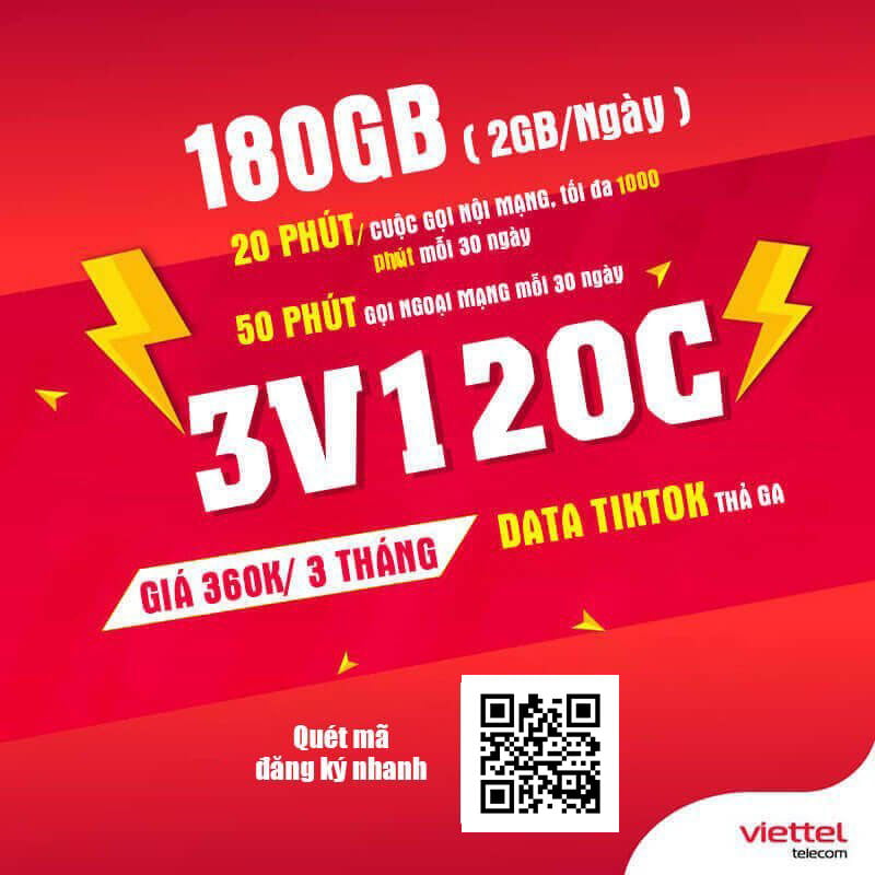 Đăng Ký Gói 3V120C Viettel KM 2GB/Ngày & Gọi Nội Mạng Giá 360.000đ