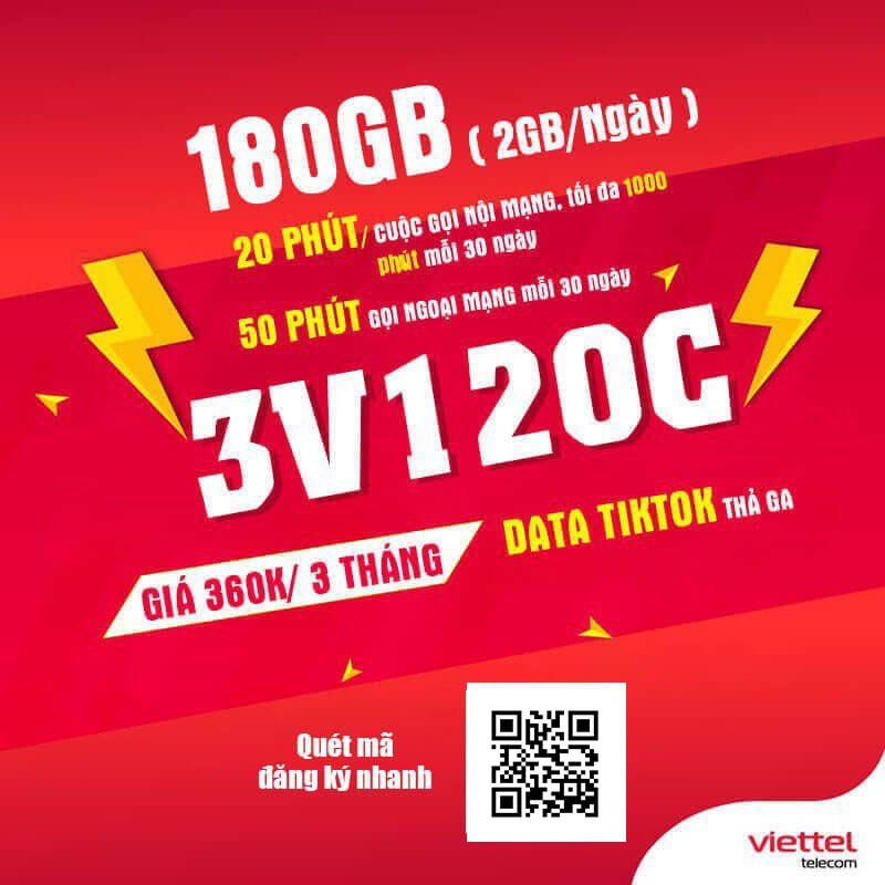 Đăng Ký Gói 3V120C Viettel KM 2GB/Ngày & Gọi Nội Mạng Giá 360.000đ