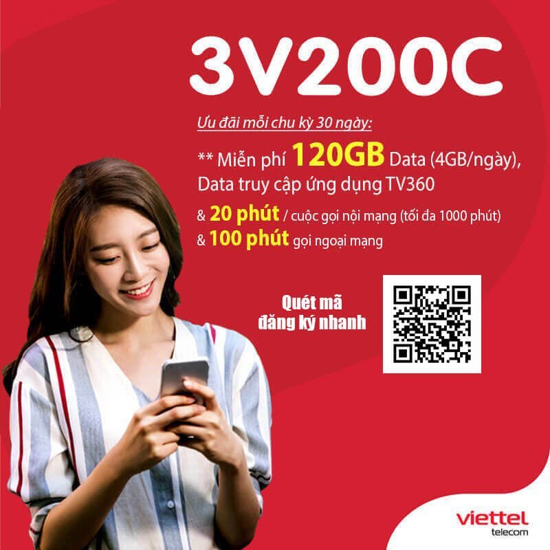 Đăng Ký Gói 3V200C Viettel Có Ngay 4GB/Ngày & Gọi Nội Mạng Giá 600.000đ