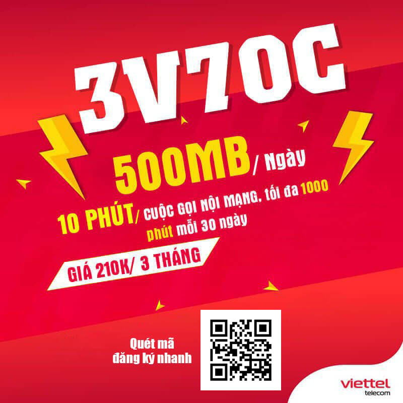 Đăng Ký Gói 3V70C Viettel KM 500MB/Ngày & Gọi Nội Mạng Giá 210.000đ