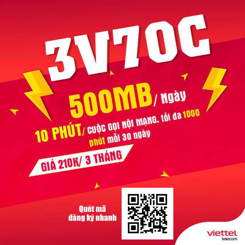 Đăng Ký Gói 3V70C Viettel KM 500MB/Ngày & Gọi Nội Mạng Giá 210.000đ