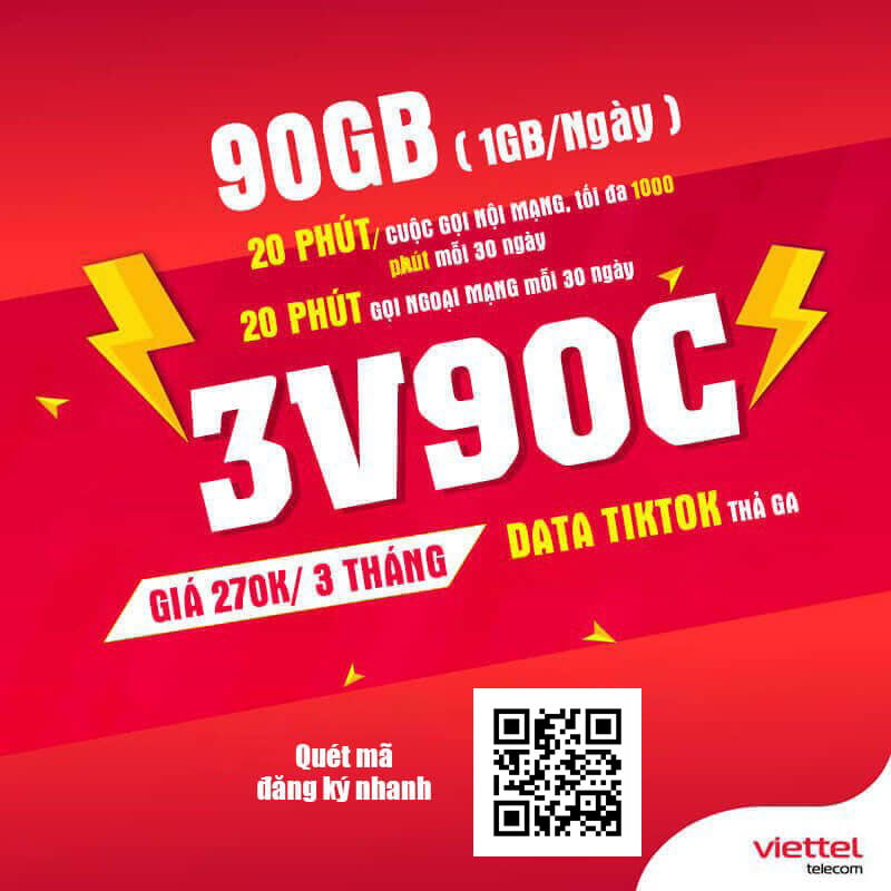 Đăng Ký Gói 3V90C Viettel KM 1GB/Ngày & Gọi Nội Mạng Giá 270.000đ