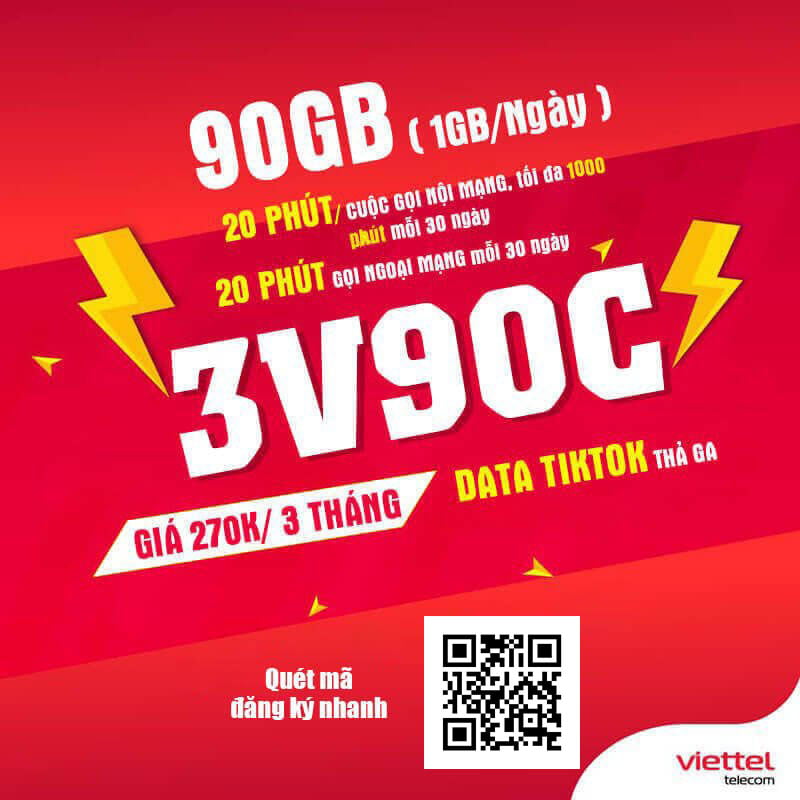 Đăng Ký Gói 3V90C Viettel KM 1GB/Ngày & Gọi Nội Mạng Giá 270.000đ