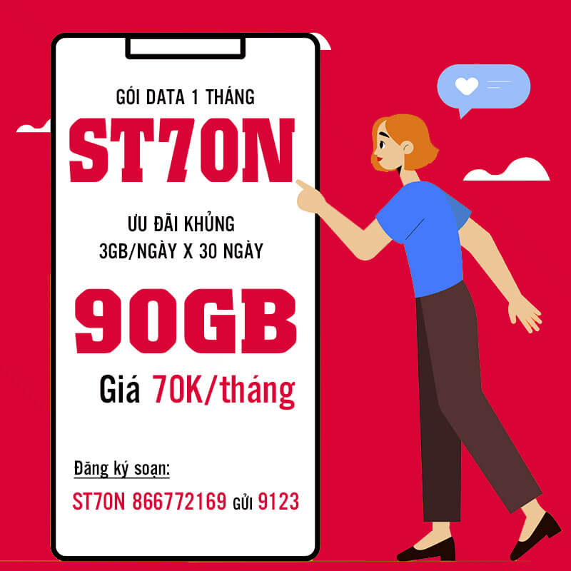 Đăng ký gói cước ST70N Viettel có 3GB 1 ngày giá 70k 1 tháng