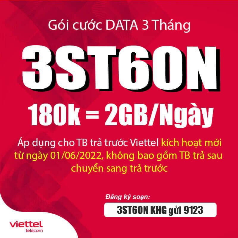 Đăng ký gói cước 3ST60N Viettel ( ST60N 3 tháng ) có 2GB 1 ngày
