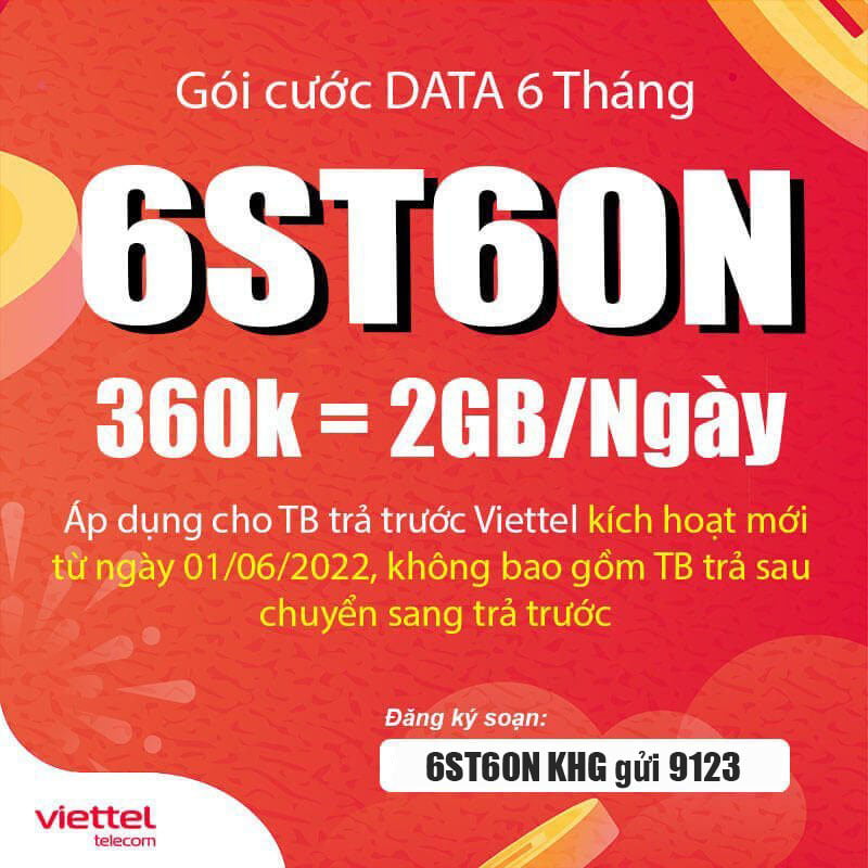 Đăng ký gói cước 6ST60N Viettel ( ST60N 6 tháng ) có 2GB 1 ngày