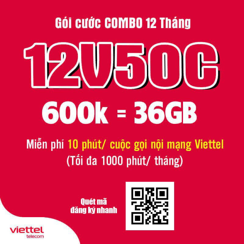 Đăng Ký Gói 12V50C Viettel KM 3GB/Tháng & Gọi Nội Mạng 1 Năm