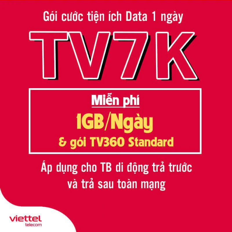 Đăng ký gói TV7K Viettel miễn phí 1GB & xem TV360 1 ngày