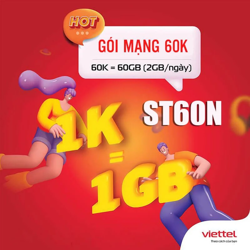 đăng ký gói mạng 60k Viettel 1 tháng miễn phí 2GB 1 ngày