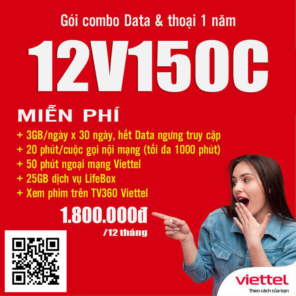 Đăng ký gói 12V150C Viettel (V150C 12 tháng) giá 1.8tr 12 tháng