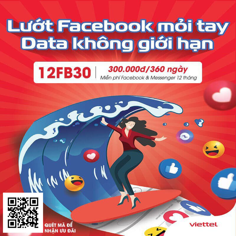 Gói 12FB30 của Viettel Không Giới Hạn Data Truy Cập Facebook 12 tháng