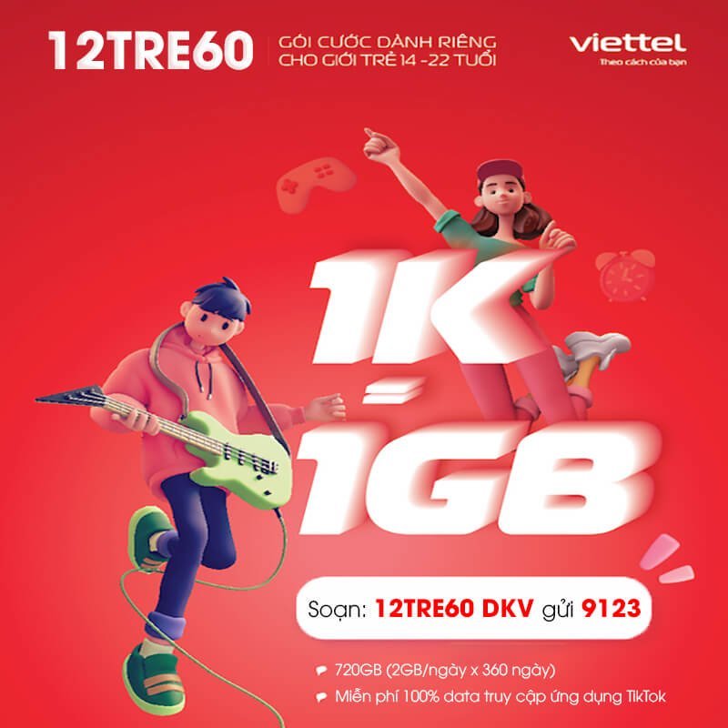 Đăng ký gói 12TRE60 Viettel có 2GB 1 ngày + Free Data TikTok chỉ 720K