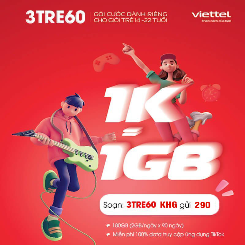 Đăng ký gói 3TRE60 Viettel có 2GB 1 ngày + Free Data TikTok chỉ 180K