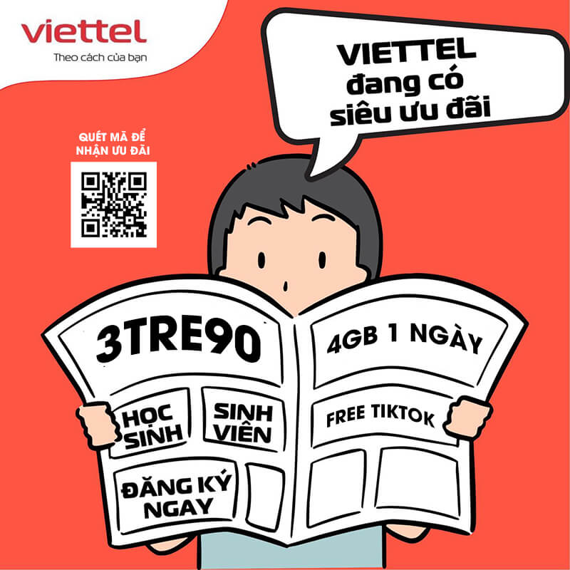 Đăng ký gói 3TRE90 Viettel có 4GB 1 ngày + Free Data TikTok chỉ 270k