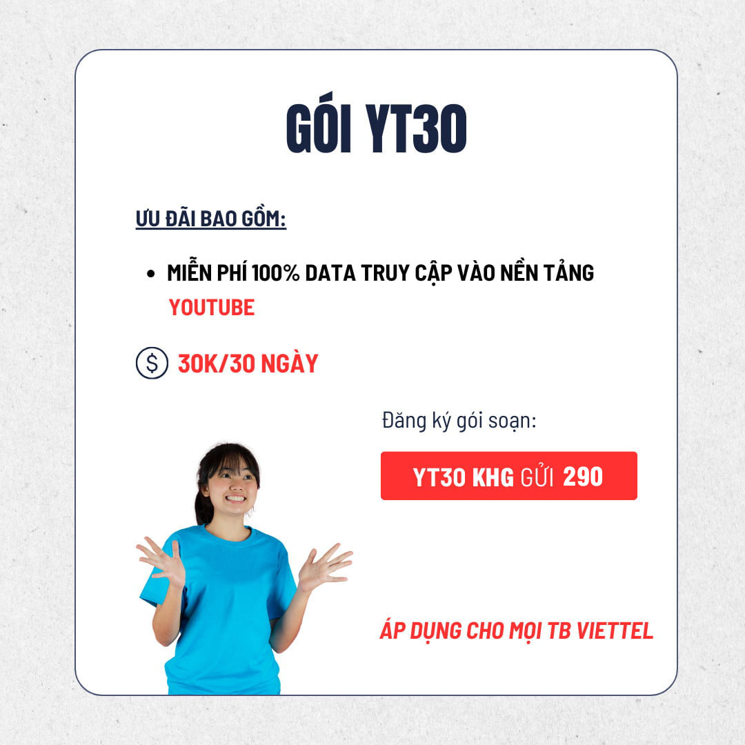 Đăng Ký Gói YT30 Viettel miễn phí Data truy cập Youtube 1 Tháng