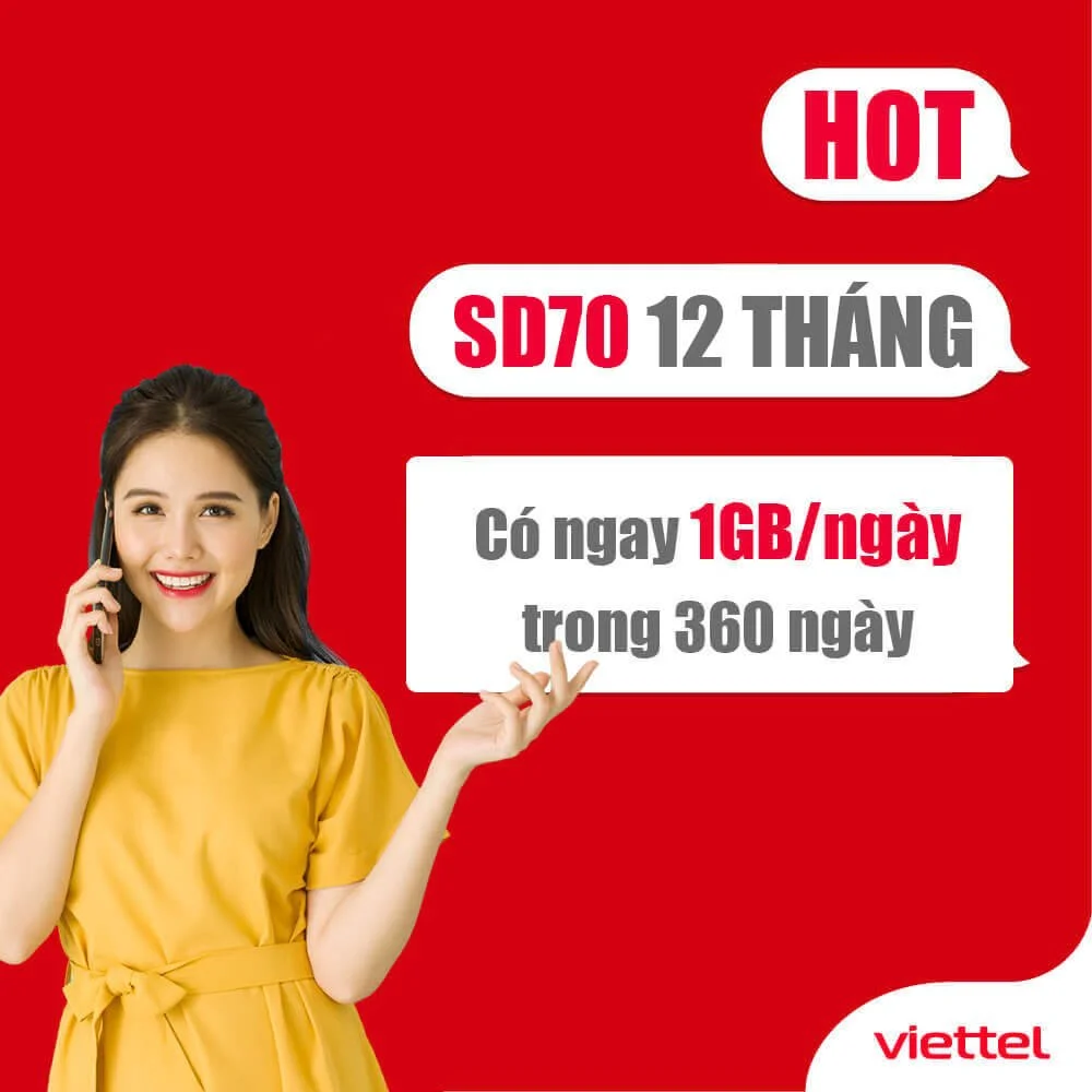 Đăng ký gói cước 12SD70 Viettel có 1GB 1 ngày trong 12 tháng