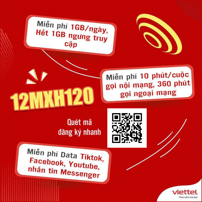 Đăng Ký Gói 12MXH120 Viettel miễn phí Data Youtube, Facebook, Tiktok