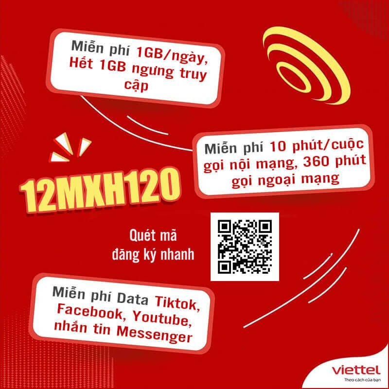 Đăng Ký Gói 12MXH120 Viettel miễn phí Data Youtube, Facebook, Tiktok