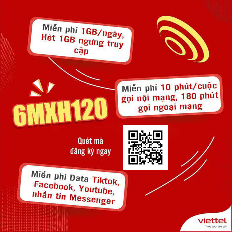 Đăng Ký Gói 6MXH120 Viettel miễn phí Data Youtube, Facebook, Tiktok