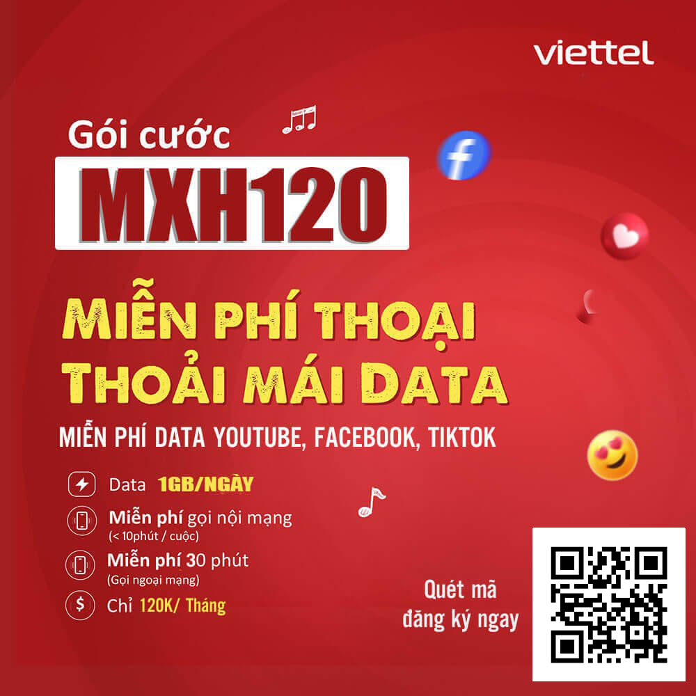 Đăng Ký Gói MXH120 Viettel miễn phí Data Youtube, Facebook, Tiktok