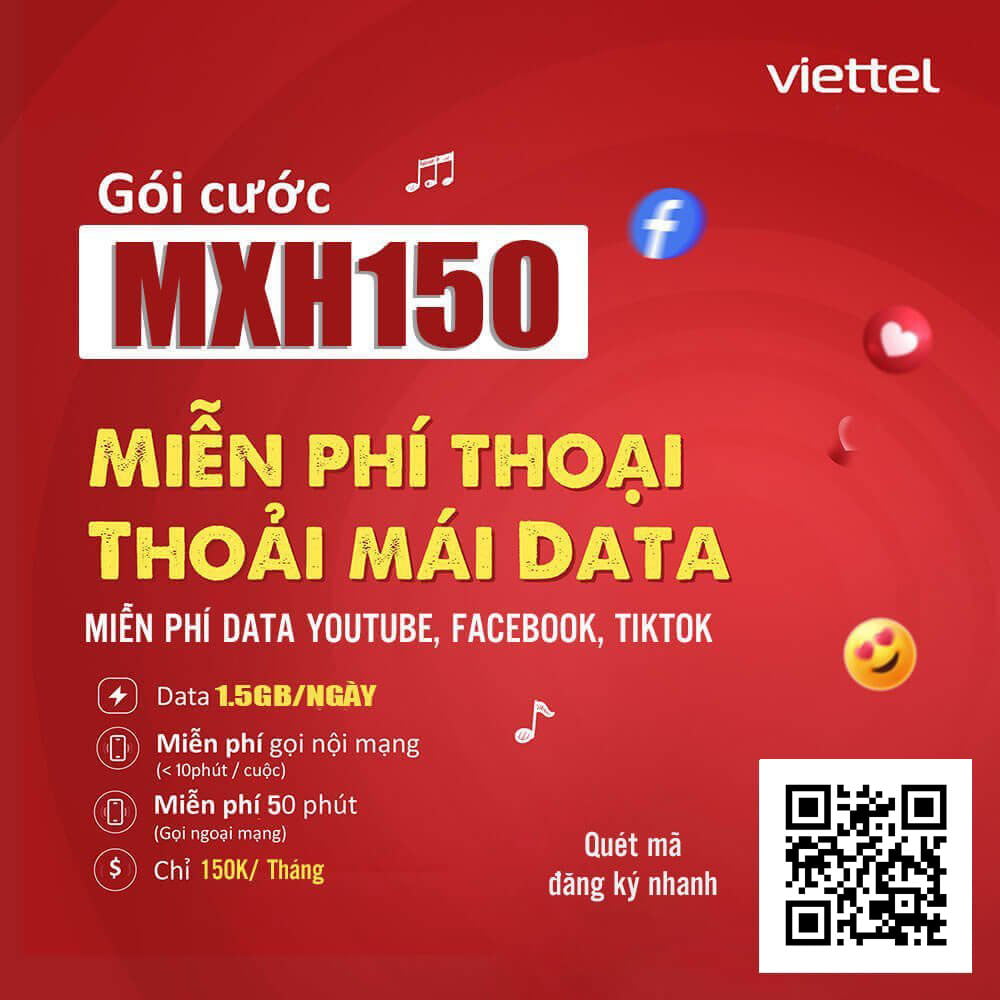 Đăng Ký Gói MXH150 Viettel miễn phí Data Youtube, Facebook, Tiktok