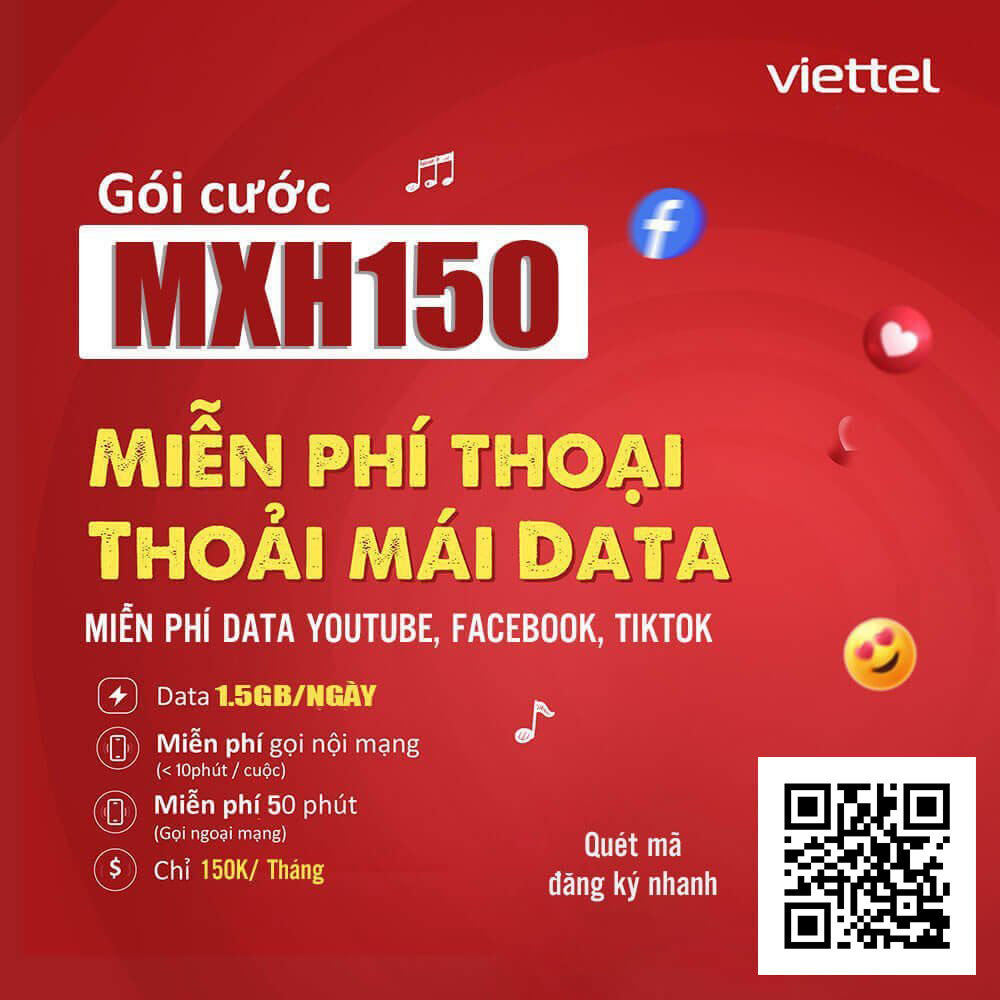 Đăng Ký Gói MXH150 Viettel miễn phí Data Youtube, Facebook, Tiktok