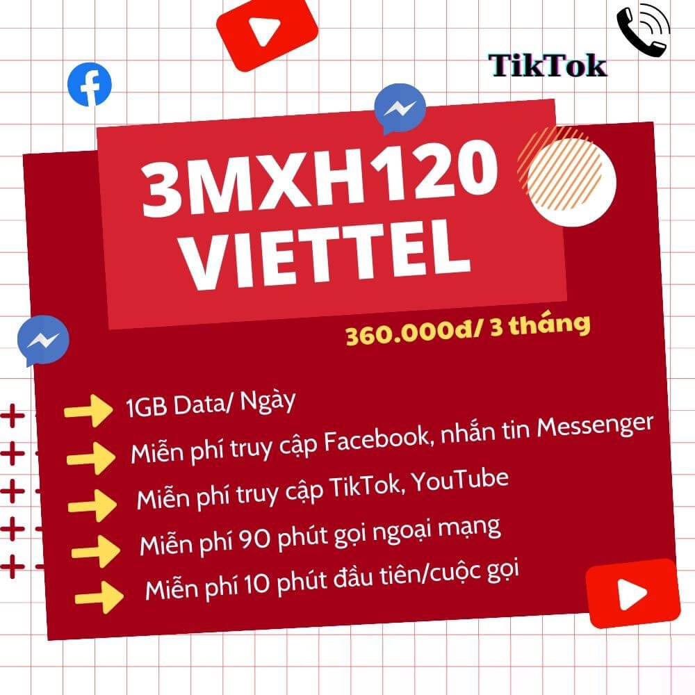 Đăng Ký Gói 3MXH120 Viettel miễn phí Data Youtube, Facebook, Tiktok