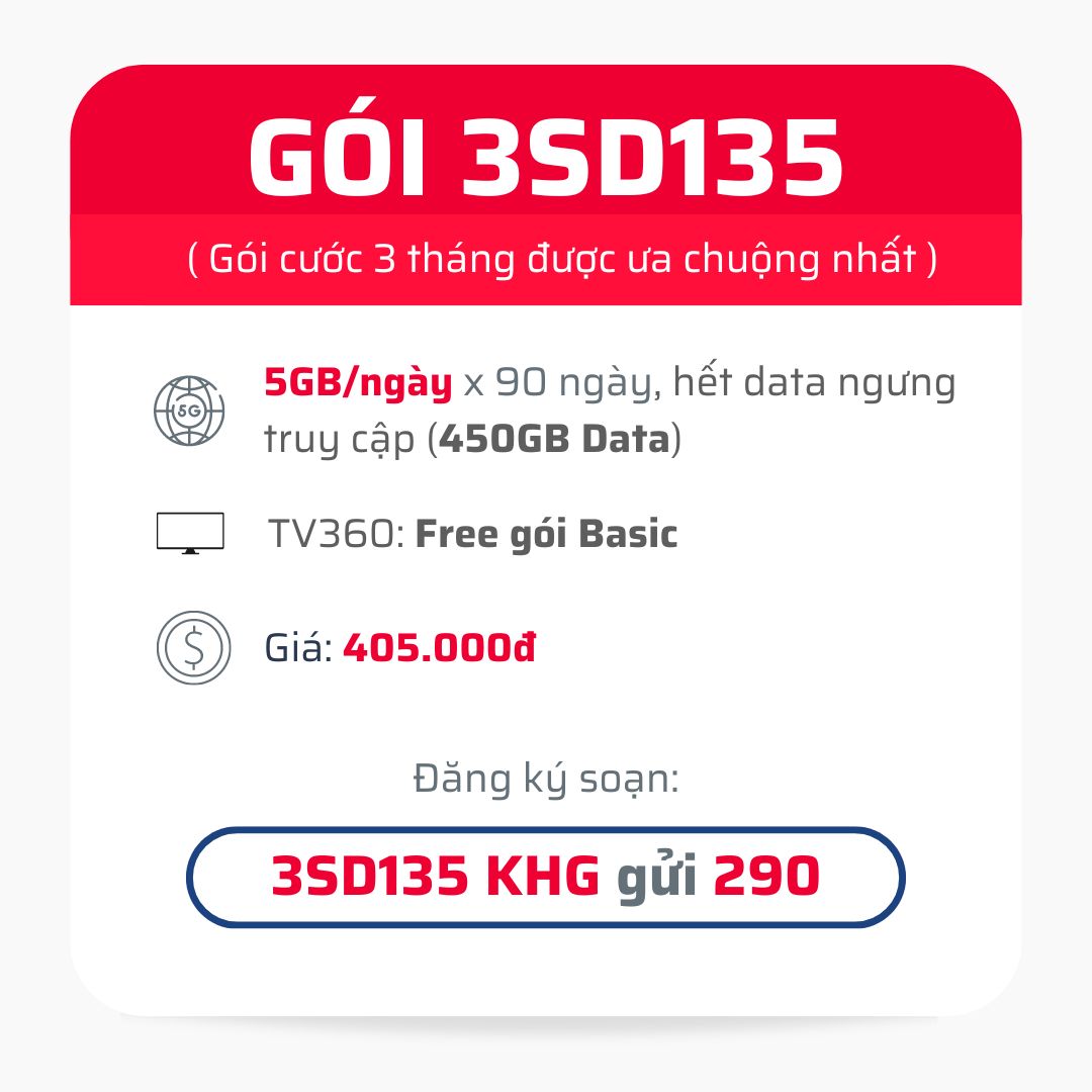 Đăng ký gói cước 3SD135 Viettel có 5GB 1 ngày trong 3 tháng