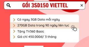 Đăng ký gói cước 3SD150 Viettel có 3GB 1 ngày trong 3 tháng