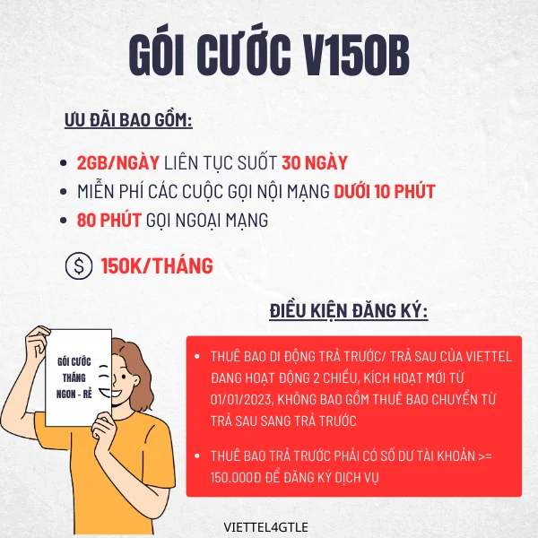 Đăng ký gói cước Viettel 150k tháng với gói V150B