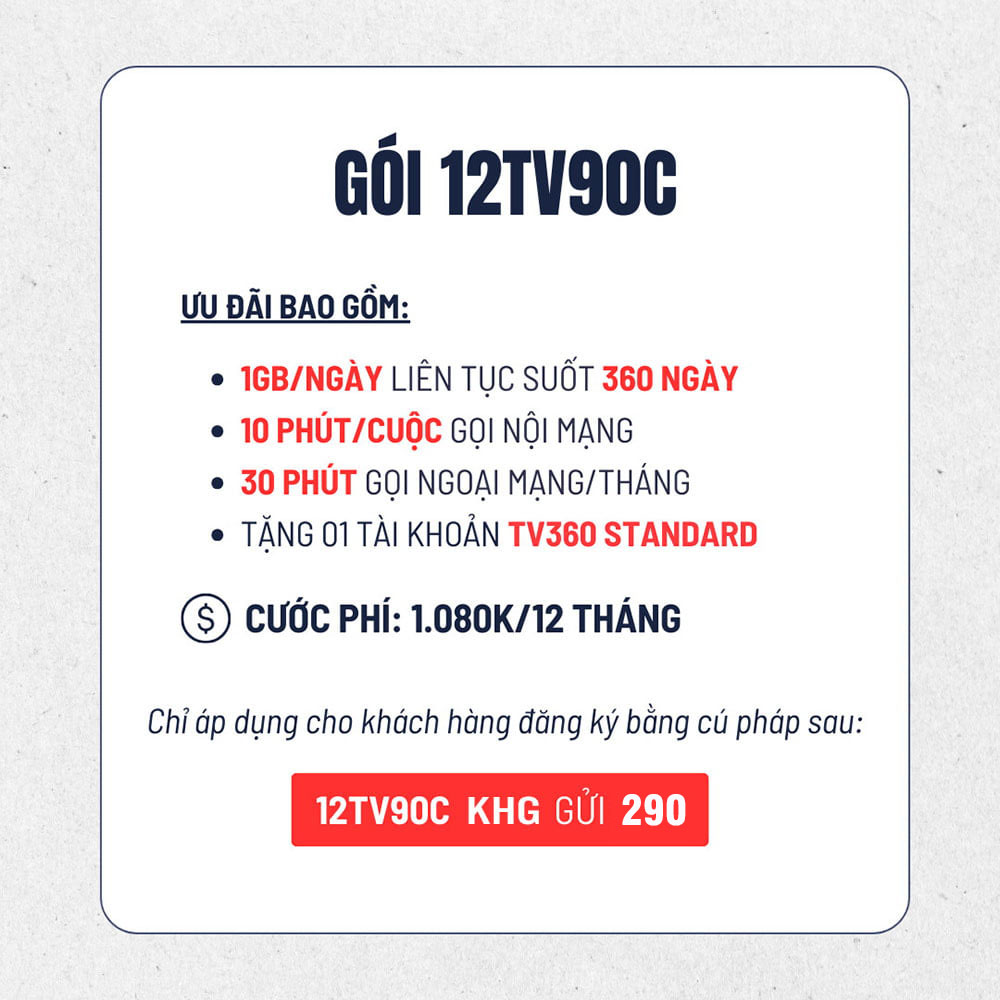 Đăng ký gói 12TV90C Viettel Có 1GB/ngày & TV360 Standard