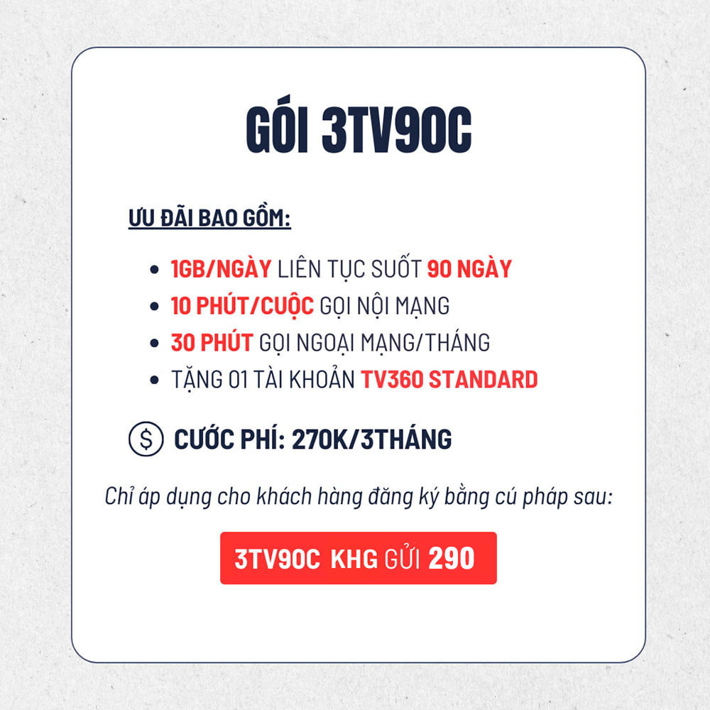 Đăng ký gói 3TV90C Viettel Có 1GB/ngày & TV360 Standard giá 270k