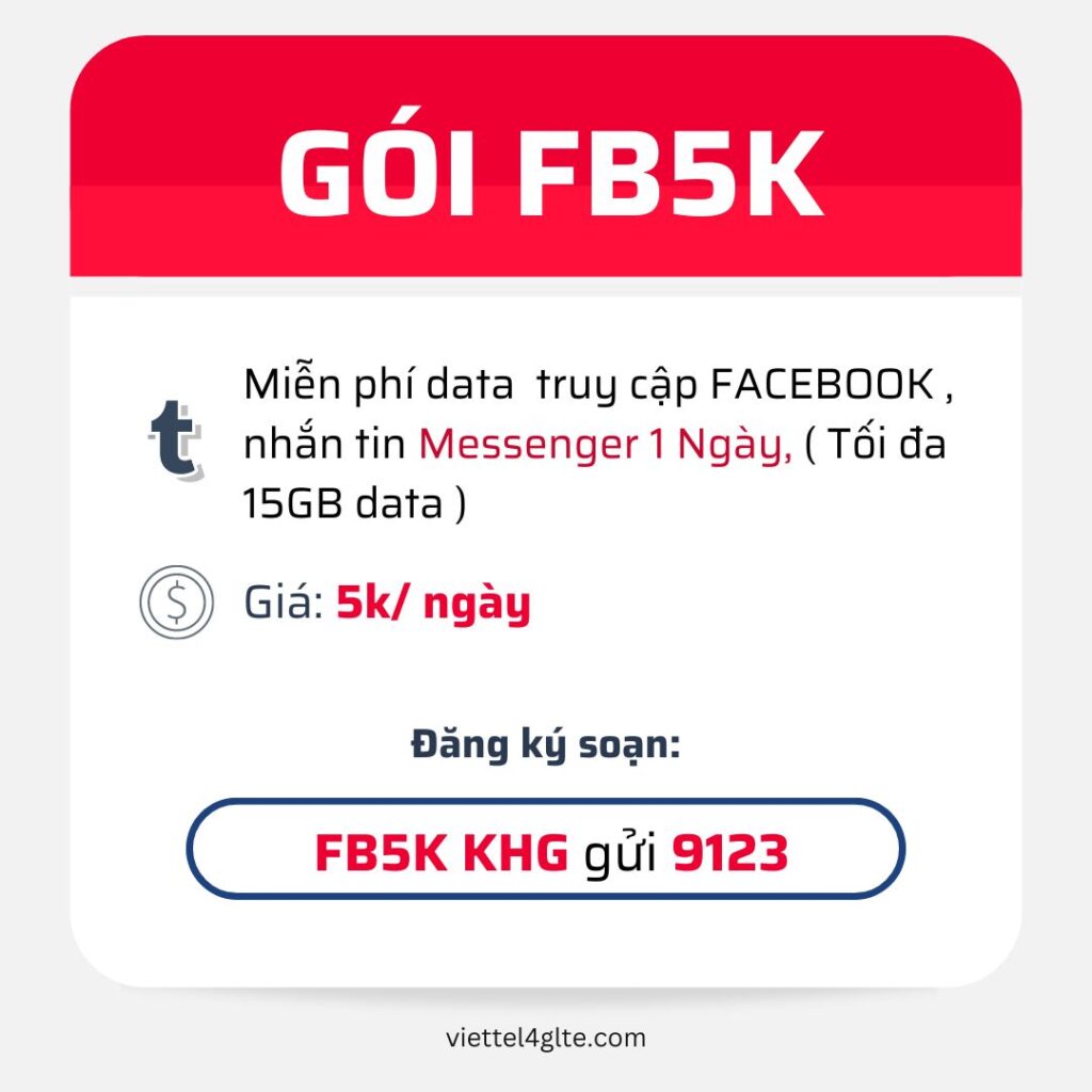 Đăng ký gói FB5K Viettel có 15GB Data Facebook trong 24h 