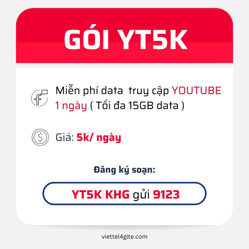 Đăng ký gói YT5K Viettel có 15GB Data Youtube trong 24h