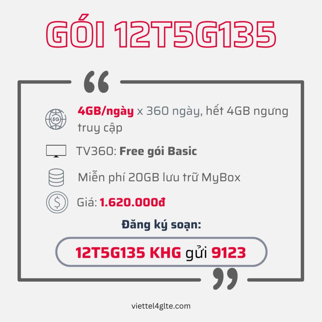 Đăng ký gói 12T5G135 Viettel có 4GB 1 ngày trong 12 tháng