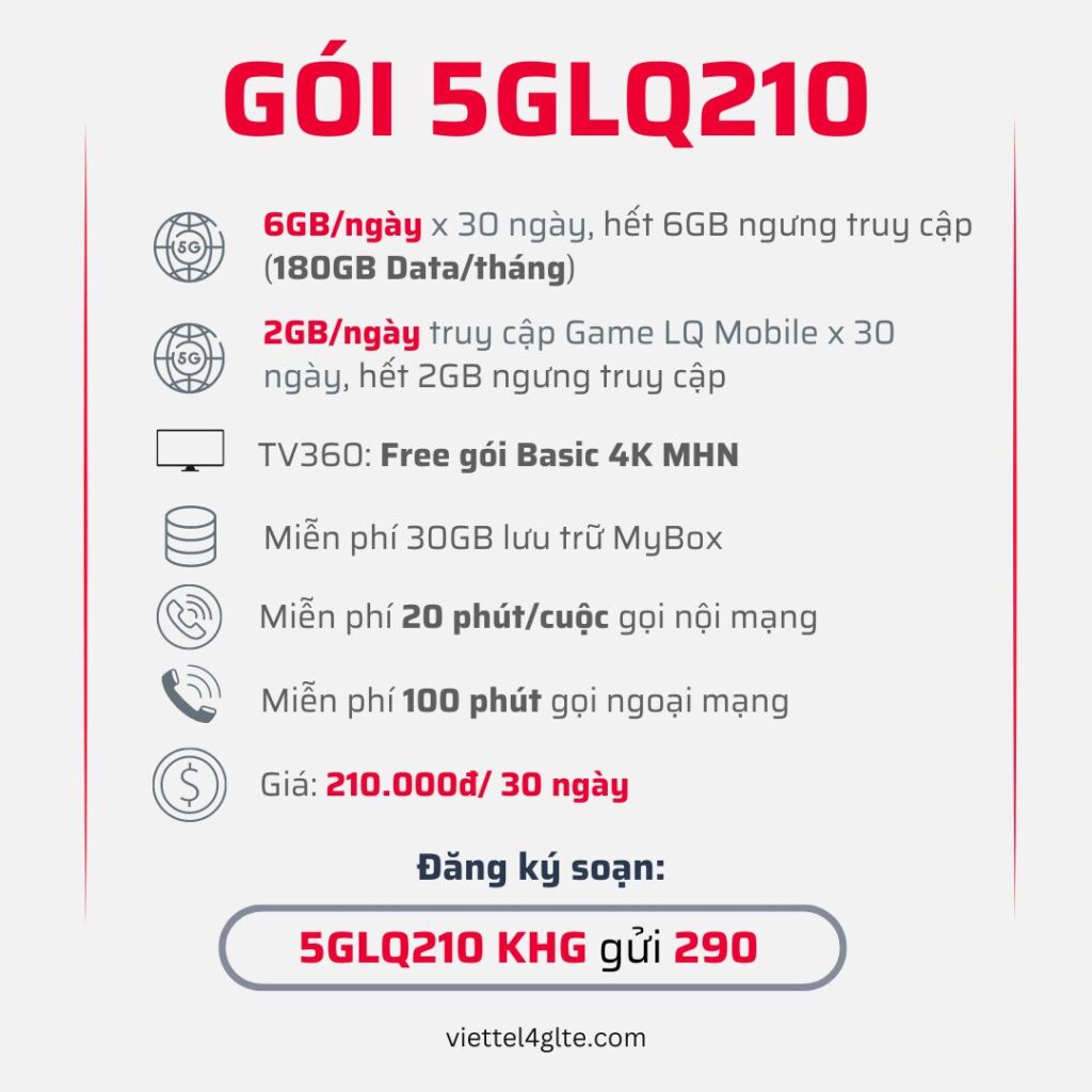 Đăng ký gói 5GLQ210 Viettel có 6GB/ngày & 60GB LQ Mobile 1 tháng