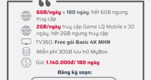 Đăng ký gói 6T5GLQ190 Viettel có 6GB/ngày & 360GB Data LQ Mobile